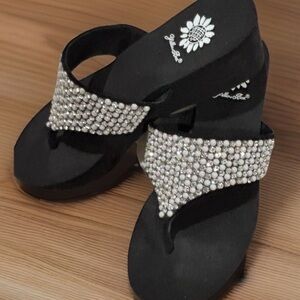 Yellow Box Black Sandals with Sparkling Silver Embellishments